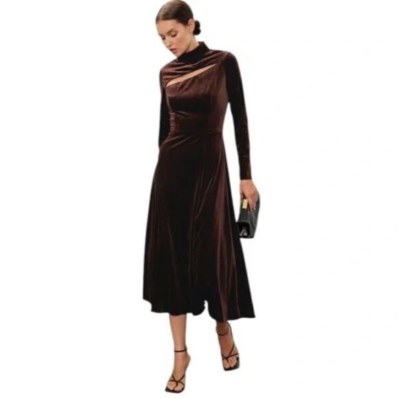 Rene Ruiz Collection Chocolate Brown Velvet Cut Out Midi Dress Long Sleeve Sz. 6 - Picture 9 of 13